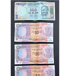 (Lot of 4) Indian Rupee Banknotes 100 50
